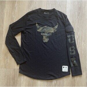 Under Armour Project Rock Shirt Men’s L Long Sleeve Tee Flag Patch Camo USA